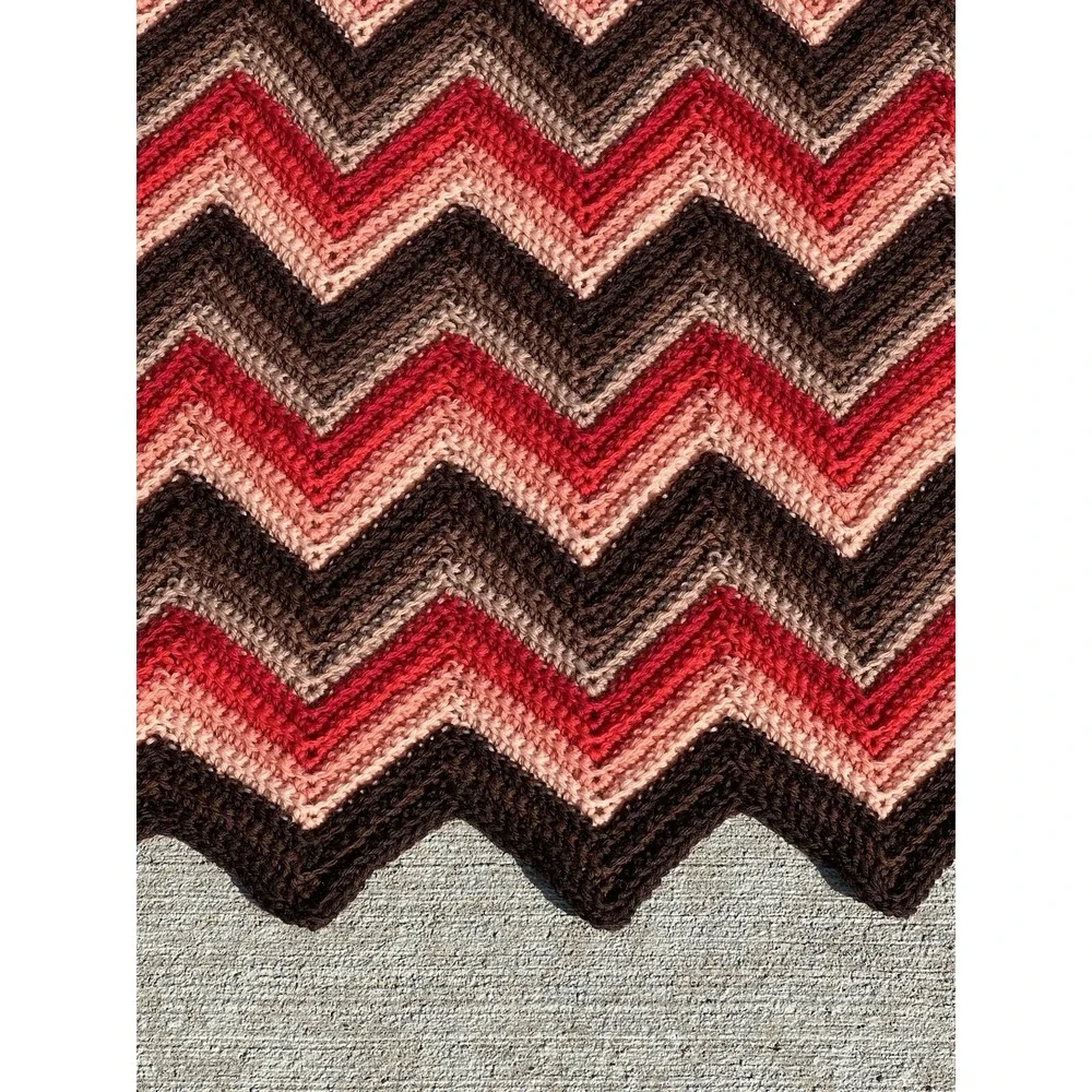 Vtg Afghan Lap Crochet Grandma Chevron Zig Zag Red‎ Pink Brown Handmade Blanket